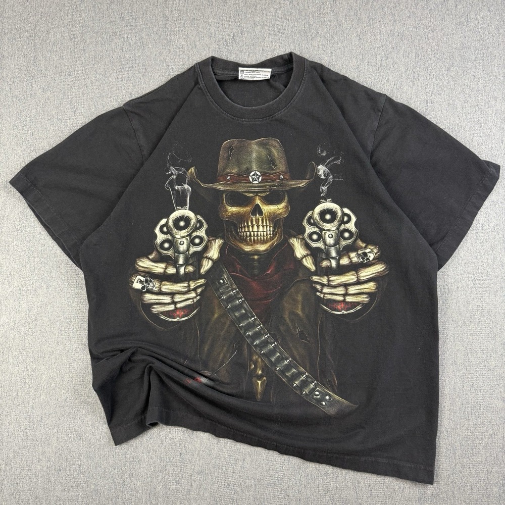 Vintage The Roxx Skull Cowboy Revolver Shirt Men's Large Single Stitch Black Y2K